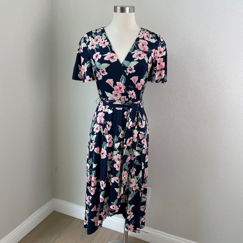 Eliza J Womens 4 Navy Floral Faux Wrap Midi Dress Short Sleeve V Neck
